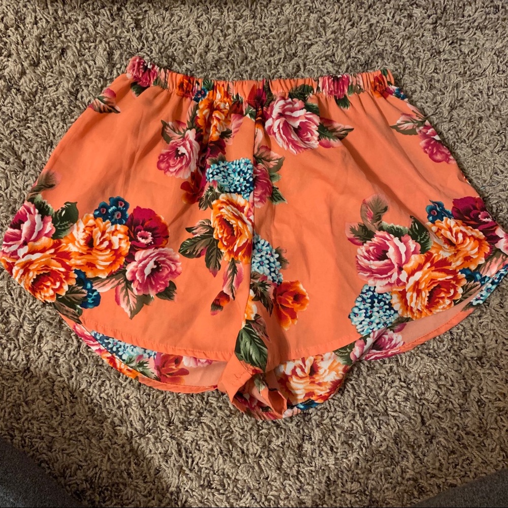 coral floral shorts